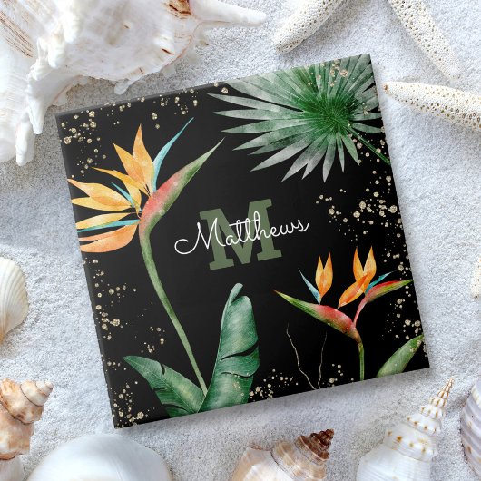 モノグラム熱帯ヤシの葉のスクリプト金ゴールドブラック タイル