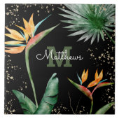 モノグラム熱帯ヤシの葉のスクリプト金ゴールドブラック タイル (正面)