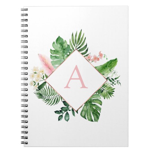 モノグラム熱帯ヤシ緑白色植物 ノートブック (正面)