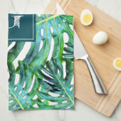 モノグラム熱帯緑の模様モンステラ葉 キッチンタオル (四つ折り)