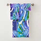 モノグラム熱帯葉のパターン紫モダン青 バスタオルセット (インサイチュ)