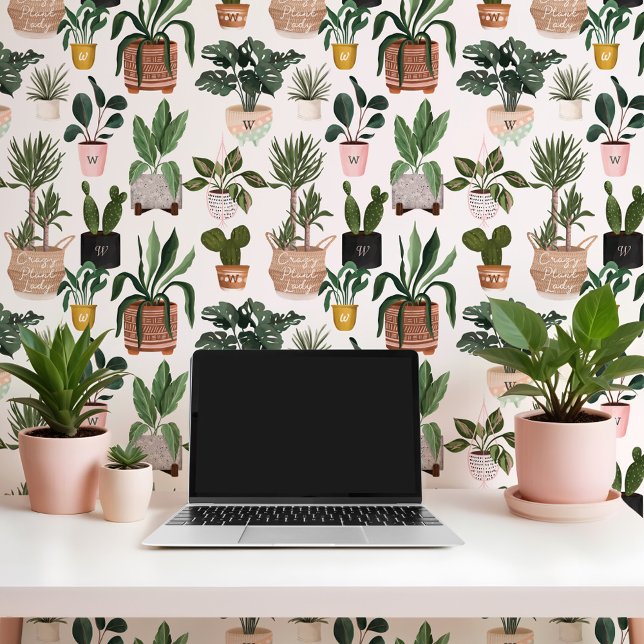 モノグラム熱狂する植物レディーウォーター色の鉢植え植物 壁紙 (Monogram Crazy Plant Lady Watercolor Potted Plants Wallpaper)