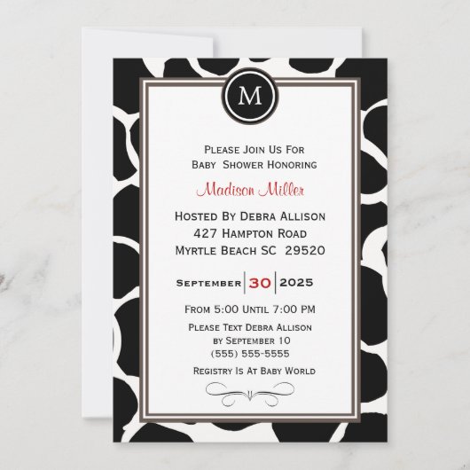 モノグラム牛のパターンとストライプベビーシャワー 招待状 (正面)