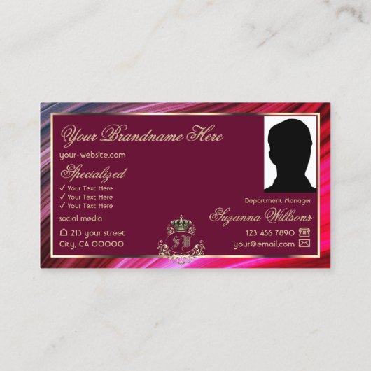 モノグラム王室のフォト付きピンクのブルゴーニュ金ゴールドクラウン 名刺 (裏面)