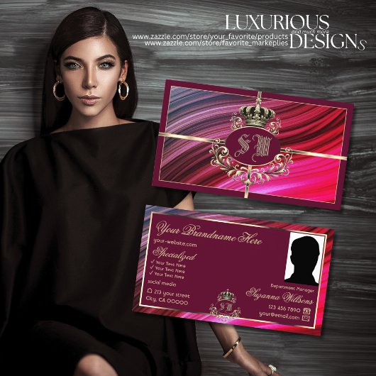 モノグラム王室のフォト付きピンクのブルゴーニュ金ゴールドクラウン 名刺