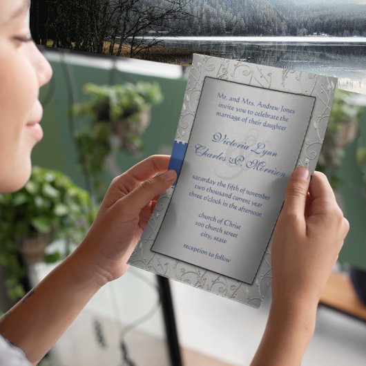 モノグラム王室のブルーシルバースワール結婚ズ 招待状