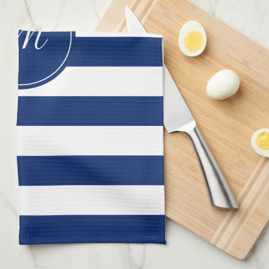 モノグラム王室のブルーストライプの キッチンタオル (四つ折り)