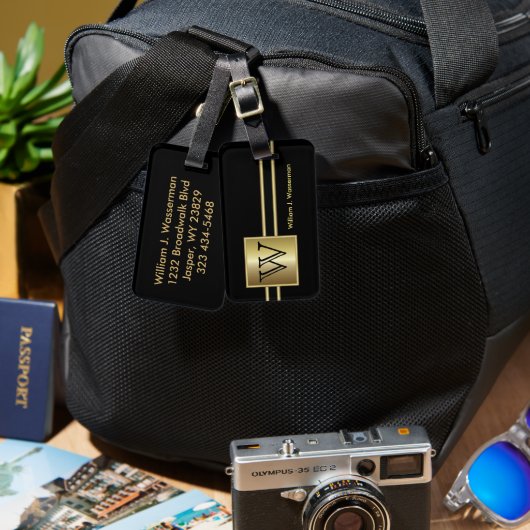 モノグラム男らしエグゼクティブスタイル – ブラック&金ゴールド ラゲッジタグ (正面&裏面)