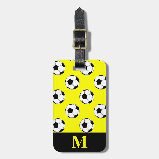 モノグラム白サッカーサッカーボール、黄色 ラゲッジタグ (正面縦)