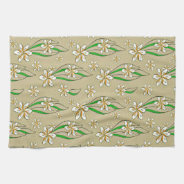 モノグラム白フローラベージュ背景 キッチンタオル