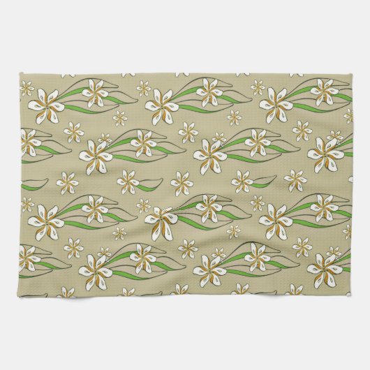 モノグラム白フローラベージュ背景 キッチンタオル (横)