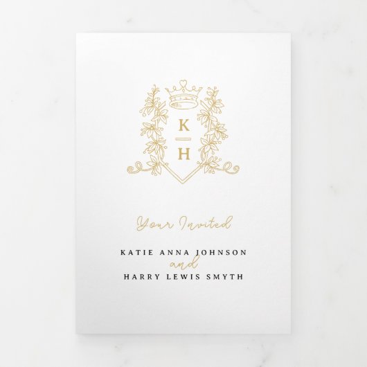 モノグラム白金ゴールド結婚クラウンの食事オプションRSVP 三つ折り招待状 (カバー)