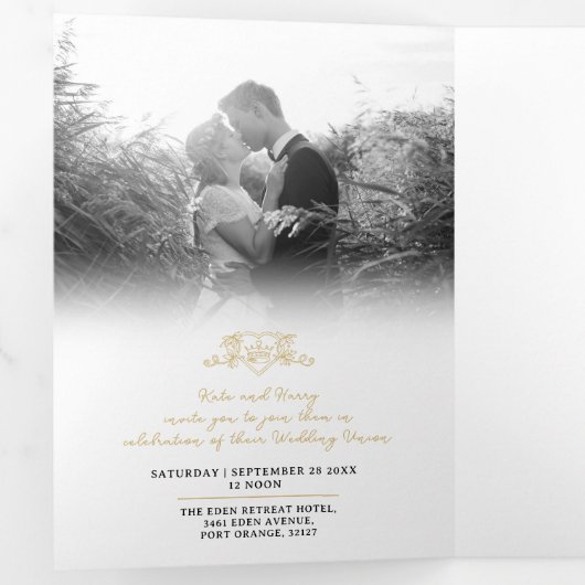 モノグラム白金ゴールド結婚クラウンの食事オプションRSVP 三つ折り招待状 (内部最初)