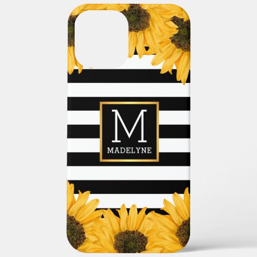 モノグラム白黒ストライプのひまわり金ゴールド Case-Mate iPhoneケース (裏面)