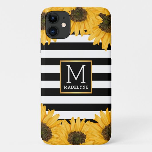 モノグラム白黒ストライプのひまわり金ゴールド Case-Mate iPhoneケース (裏面)