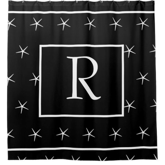 モノグラム白黒ストライプのヒトデ模様 シャワーカーテン (正面)