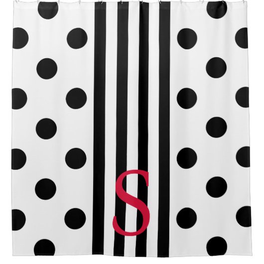 モノグラム白黒ストライプ水玉模様 シャワーカーテン (正面)