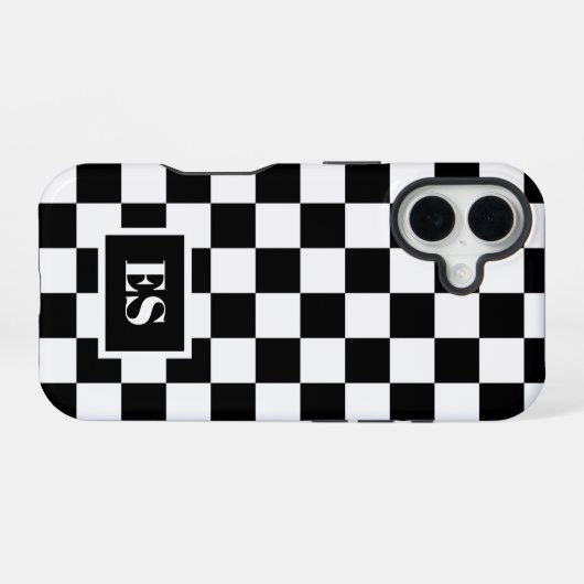 モノグラム白黒市松模様にパターン iPhone 16ケース (裏面横)