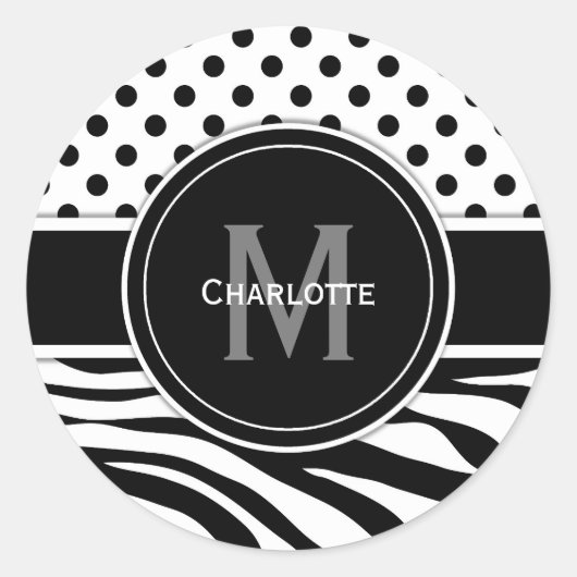 モノグラム白黒水玉模様とゼブラストライプ ラウンドシール (正面)