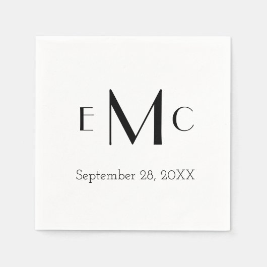 モノグラム白黒結婚ミニマル日付 スタンダードカクテルナプキン (正面)