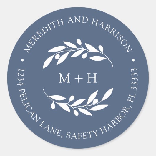 モノグラム石板ブルー結婚ズ差出人住所 ラウンドシール (正面)