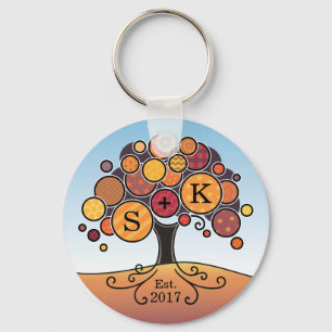 モノグラム秋の結婚式パッチワークパターンツリー キーホルダー