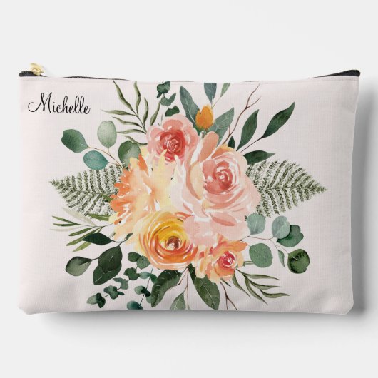 モノグラム秋ウォーター素朴カラーピンクピーチフラワー アクセサリーポーチ (正面)