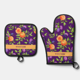 モノグラム秋ピーチプラムパープルグリーンかわいいフルーツ 鍋つかみ&鍋敷きセット