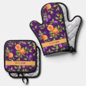 モノグラム秋ピーチプラムパープルグリーンかわいいフルーツ 鍋つかみ&鍋敷きセット (正面/裏面)