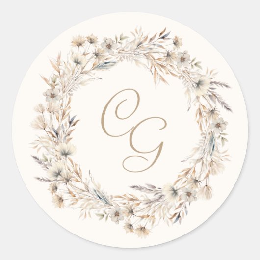 モノグラム秋ワイルドフラワーエレガントな結婚式 ラウンドシール (正面)
