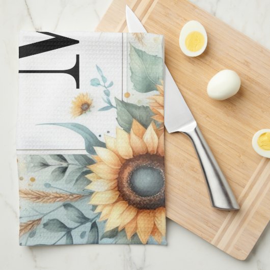 モノグラム秋花ひまわり水色 キッチンタオル (四つ折り)