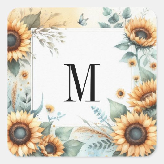 モノグラム秋花ひまわり水色 スクエアシール (正面)