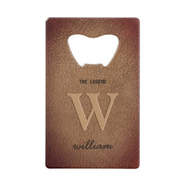 モノグラム素朴な茶色のスタイリッシュ革のスクリプト名 クレジットカード栓抜き