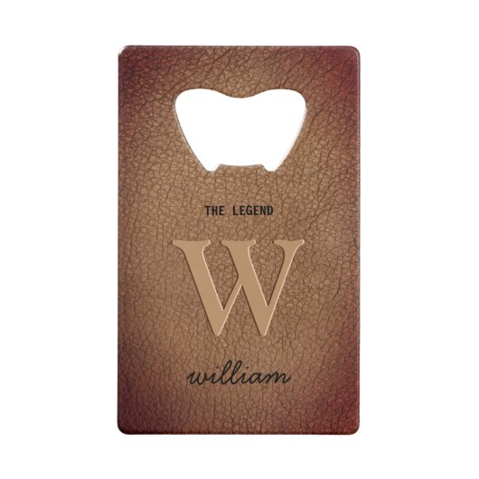 モノグラム素朴な茶色のスタイリッシュ革のスクリプト名 クレジットカード栓抜き (正面)