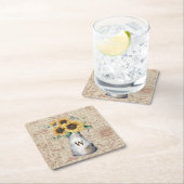 モノグラム素朴ひまわりヴィンテージ文字の切り離し スクエアペーパーコースター (インサイチュ)