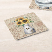 モノグラム素朴ひまわりヴィンテージ文字の切り離し スクエアペーパーコースター (アングル)