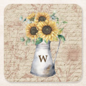 モノグラム素朴ひまわりヴィンテージ文字の切り離し スクエアペーパーコースター (正面)