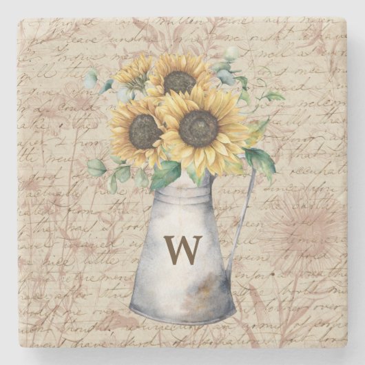 モノグラム素朴ひまわりヴィンテージ文字の切り離し ストーンコースター (正面)