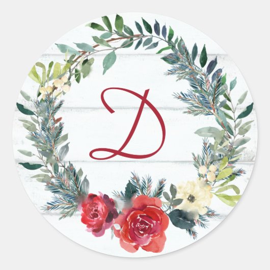 モノグラム素朴ウォーターカラークリスマス ラウンドシール (正面)