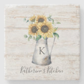 モノグラム素朴エレガントヒマワリのユーカリ ストーンコースター (正面)