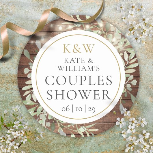 モノグラム素朴グリーンリーカップルウェディングシャワー ラウンドシール