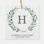 モノグラム素朴グリーンリー写真結婚式の引き出物 セラミックオーナメント (正面)