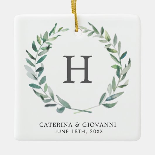 モノグラム素朴グリーンリー写真結婚式の引き出物 セラミックオーナメント (正面)