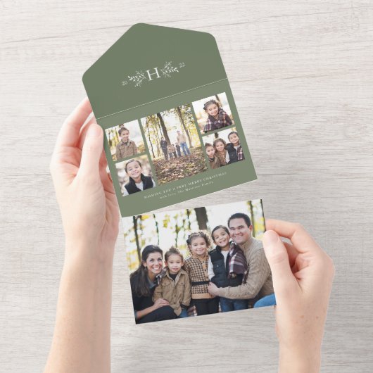 モノグラム素朴セージ緑の休日5写真コラージュ オールインワン招待状 (貼ってはがせる)
