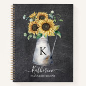 モノグラム素朴ヒマワリ黒レシピ本 ノートブック (正面)