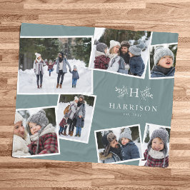 モノグラム素朴ファミリーcollage 7写真ティール（緑がかった色） フリースブランケット