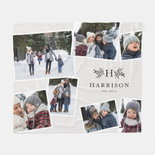 モノグラム素朴ファミリーcollage 7写真白黒 フリースブランケット