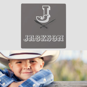 モノグラム素朴ボーイの名前子供部屋時計 スクエア壁時計