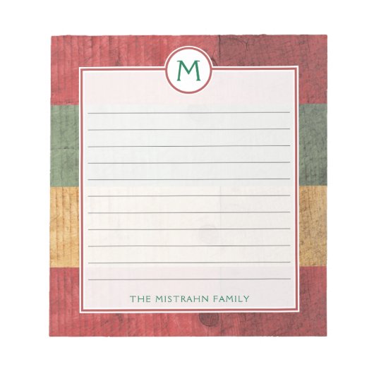 モノグラム素朴レッドグリーン金ゴールドウッドネームクリスマス ノートパッド (正面)