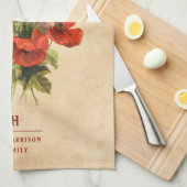 モノグラム素朴ヴィンテージブーケレッドポピーズベージュ キッチンタオル (四つ折り)